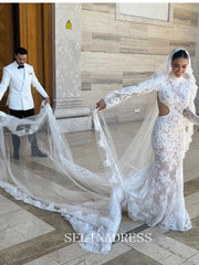 High Neck Open Back Mermaid Lace Wedding Dresses with Long Sleeves GRK029