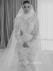 High Neck Open Back Mermaid Lace Wedding Dresses with Long Sleeves GRK029
