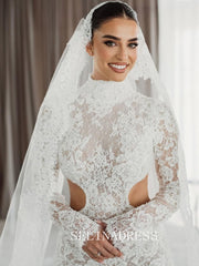 High Neck Open Back Mermaid Lace Wedding Dresses with Long Sleeves GRK029