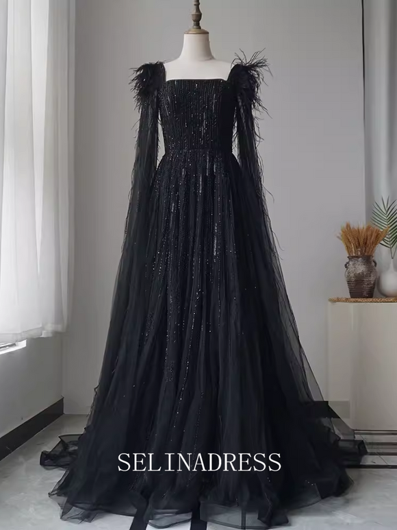High Quality Black Beaded Long Prom Dress Square Neck Dubai Evening Formal Gown EWR106|Selinadress