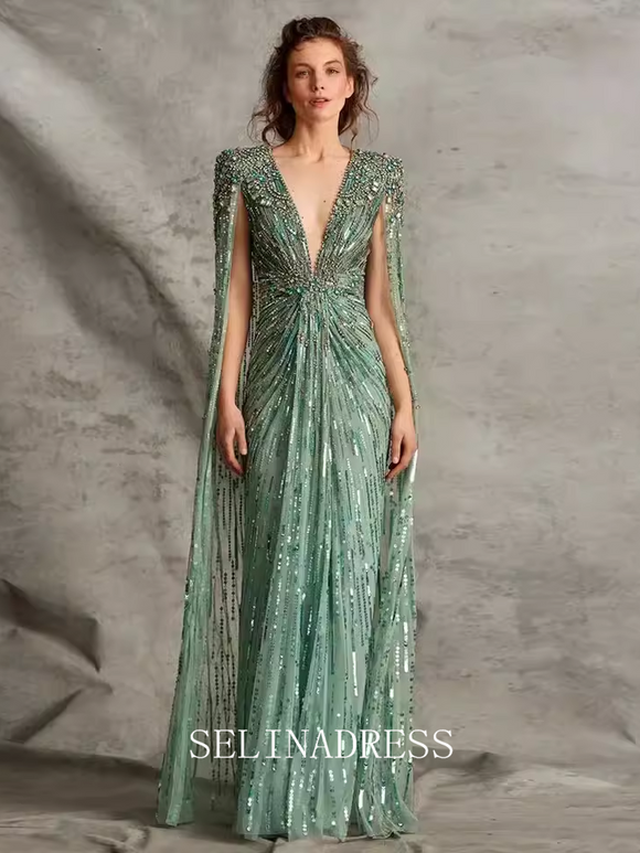 High Quality Mermaid Geen Prom Dress Deep V Neck Beaded Dubai Evening Formal Gown EWR109|Selinadress