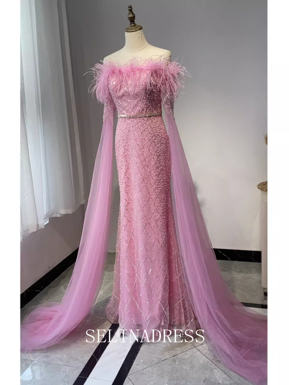 High Quality Mermaid Pink Beaded luxury Prom Dress Dubai Evening Formal Gown EWR100