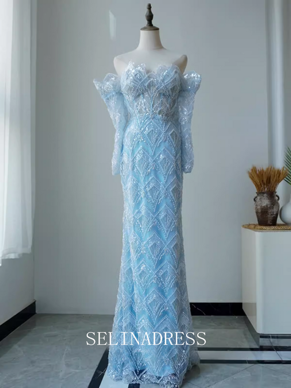 High Quality Mermaid Sky Blue Beaded luxury Prom Dress Dubai Evening Formal Gown EWR102|Selinadress