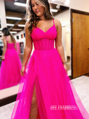 Hot Pink Spaghetti Straps Long Prom Dress With Split Tulle Evening Dress EWR467|Selinadress