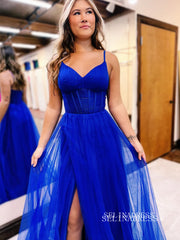 Hot Pink Spaghetti Straps Long Prom Dress With Split Tulle Evening Dress EWR467|Selinadress