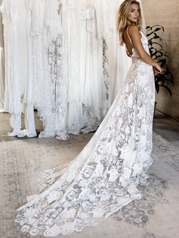 Hottest Elegant Spaghetti Straps Backless Long Ivory Lace Beach Wedding Dresses SEW0189|Selinadress