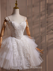 Ivory Beaded Lace Homecoming Dresses Spaghetti Strap Tiered Short Prom Dress #SEW1262