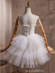 Ivory Beaded Lace Homecoming Dresses Spaghetti Strap Tiered Short Prom Dress #SEW1262