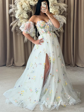 Ivory Colorful Boho Flowers Romantic Wedding Dress With Off Shoulder &Butterflies TKL809