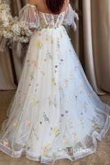 Ivory Colorful Boho Flowers Romantic Wedding Dress With Off Shoulder &Butterflies TKL809