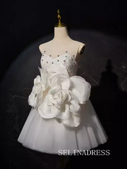 Ivory Floral Blossom Homecoming Dresses Lace Bodice Boat Neck Rosette Dress #SEW1268|Selinadress