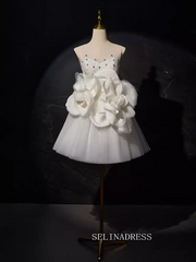 Ivory Floral Blossom Homecoming Dresses Lace Bodice Boat Neck Rosette Dress #SEW1268|Selinadress