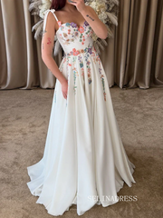 Ivory Floral Embroidered Wedding Dress with Tie Straps Colorful Wildflower Motifs & Flowing Skirt TKL803|Selinadress