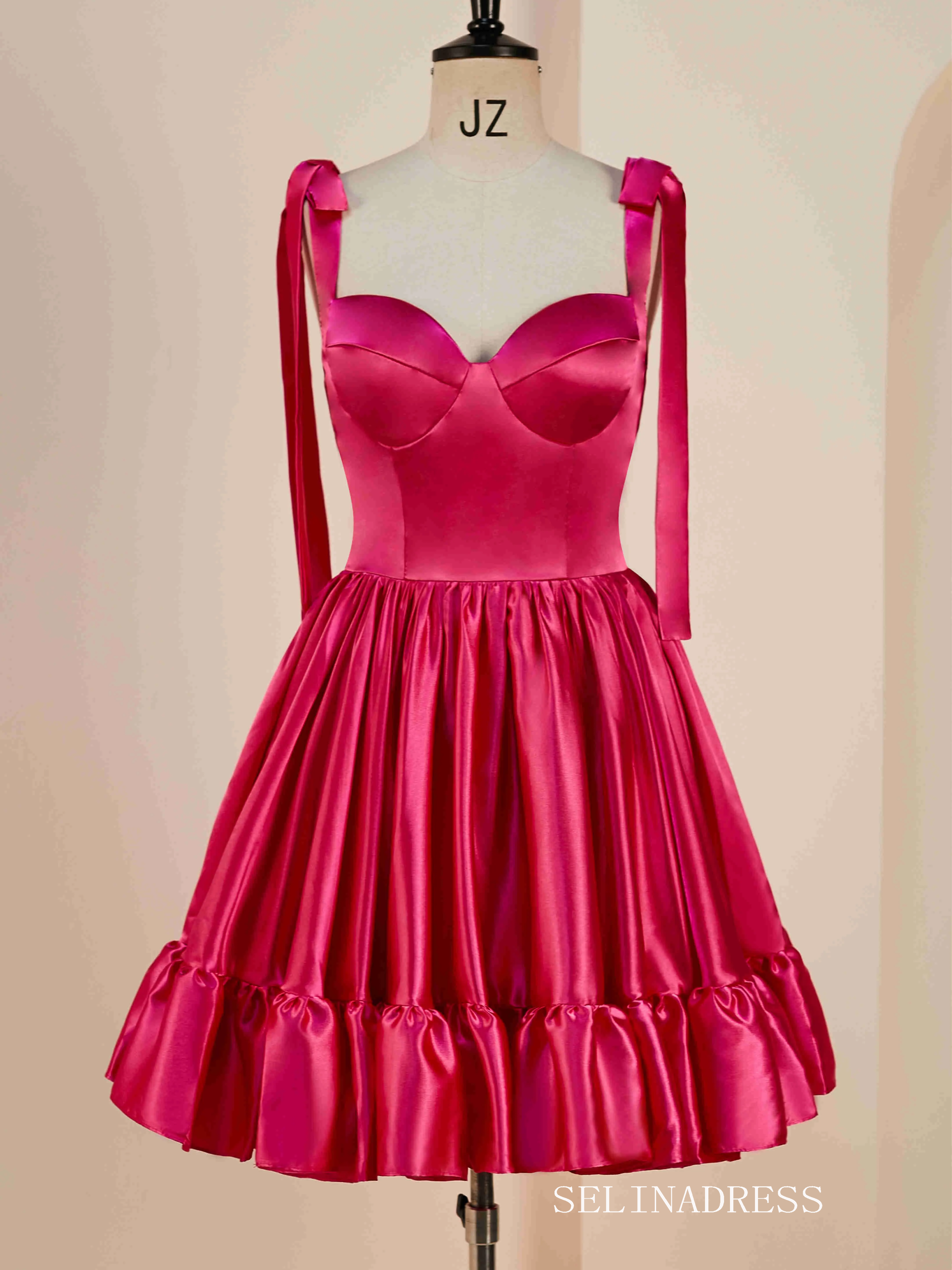 Hot Pink Bow Tie Ruffle Short Homecoming Dress JKW011|Selinadress