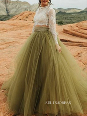 Lace Crop Top with Olive Green Tulle Skirt Wedding Gown COK111|Selinadress