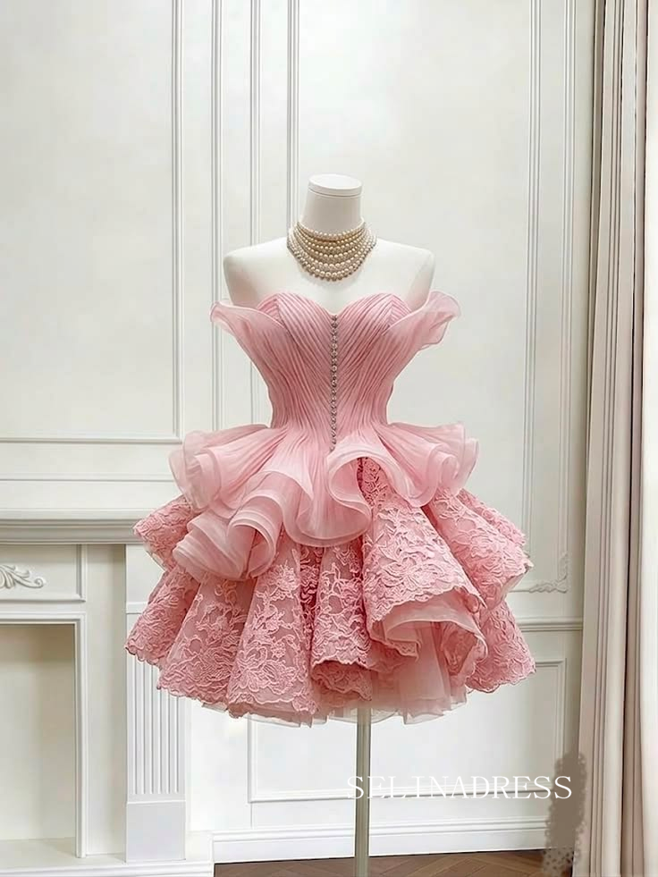 Lace-Embellished Off-Shoulder Pink Layered Tulle Ball Gown cok075|Selinadress