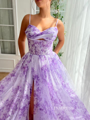 Lavender A-line Floor Length Floral Long Prom Dresses TUN014|Selinadress