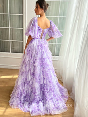 Lavender A-line Floral Long Prom Dresses Ruffled Gown With puff sleeves TUN017|Selinadress