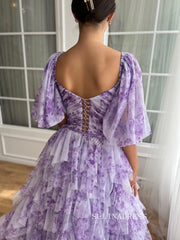 Lavender A-line Floral Long Prom Dresses Ruffled Gown With puff sleeves TUN017|Selinadress