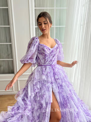 Lavender A-line Floral Long Prom Dresses Ruffled Gown With puff sleeves TUN017|Selinadress