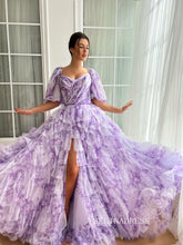 Lavender A-line Floral Long Prom Dresses Ruffled Gown With puff sleeves TUN017|Selinadress