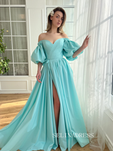 Light Blue Satin Long Prom Dress Off-the-shoulder Long Sleeve Evening Dress With Slit EWR309|Selinadress