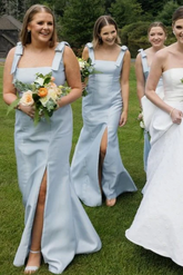 Light Blue Slit Bridesmaid Dress with Bow Tie Straps SEV009|Selinadress