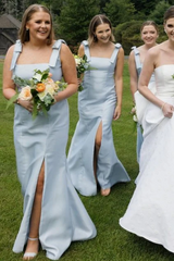 Light Blue Slit Bridesmaid Dress with Bow Tie Straps SEV009|Selinadress