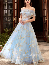 Light Sky Blue A-line Long Prom Dress With Floral Appliques Evening Dress ann318|Selinadress