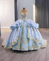 Light Sky Blue Ball Gown Prom Dress With Gold Applique Quincess Wedding Dresses 251023|Selinadress