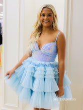 Light Sky Blue Sequin V-Neck Tiered Short Party Dress #lpk800|Selinadress