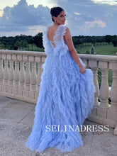 Light Sky Blue Straps Long Prom Dress With Ruffles Evening Dress ABB007|Selinadress