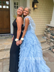 Light Sky Blue Straps Long Prom Dress With Ruffles Evening Dress ABB007|Selinadress