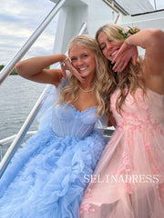 Light Sky Blue Straps Long Prom Dress With Ruffles Evening Dress ABB007
