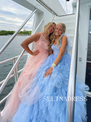 Light Sky Blue Straps Long Prom Dress With Ruffles Evening Dress ABB007