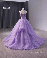 Lilac Halter Sparkly Tulle Ball Gown Wedding Dresses Quinceanera Dress 231111|Selinadress