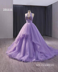 Lilac Halter Sparkly Tulle Ball Gown Wedding Dresses Quinceanera Dress 231111|Selinadress
