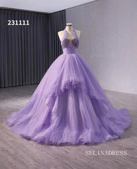 Lilac Halter Sparkly Tulle Ball Gown Wedding Dresses Quinceanera Dress 231111|Selinadress
