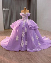 Lilac Off-the-shoulder Ball Gown Prom Dress 3D Floral Quincess Wedding Dresses 241088C|Selinadress