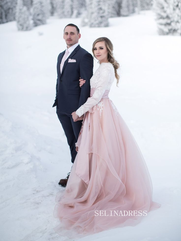 Long-Sleeve Blush Pink Wedding Gown with Ruffled Skirt COK109|Selinadress