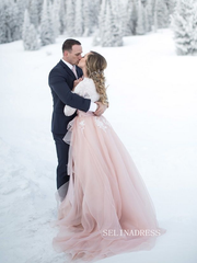 Long-Sleeve Blush Pink Wedding Gown with Ruffled Skirt COK109|Selinadress