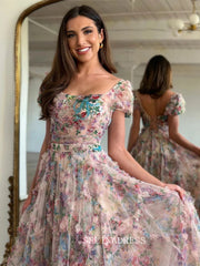 Chic A-line Off-the-shoulder Floral Beaded Long Prom Dress Elegant Eevening Dress #lop243|Selinadress