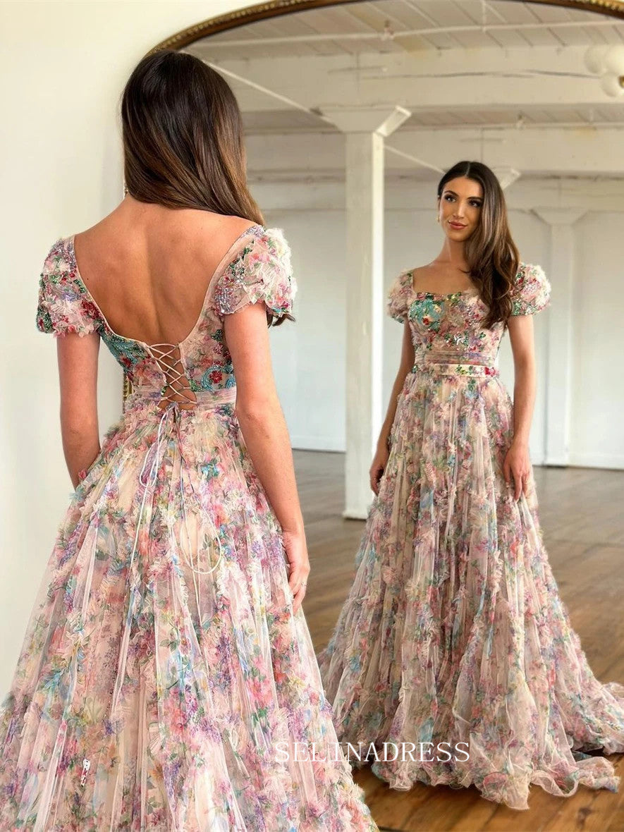Chic A-line Off-the-shoulder Floral Beaded Long Prom Dress Elegant Eevening Dress #lop243|Selinadress