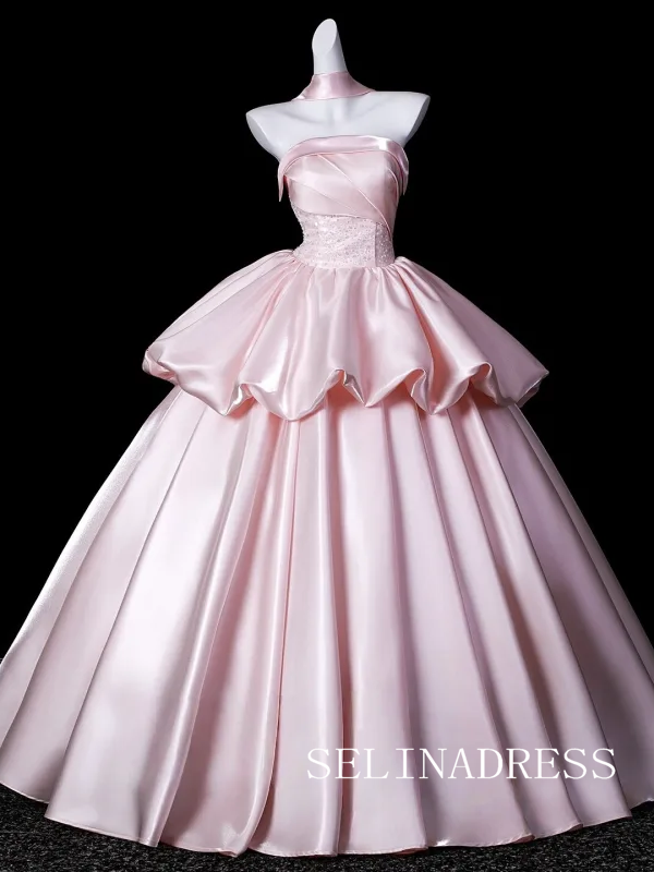 Lovely Blushing Pink Ruffles Satin Prom Dresses Strapless Sleeveless Ball Gown LET020|Selinadress