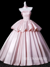 Lovely Blushing Pink Ruffles Satin Prom Dresses Strapless Sleeveless Ball Gown LET020|Selinadress
