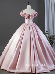 Lovely Blushing Pink Satin Prom Dresses Ruffle Off-The-Shoulder Short Sleeve Ball Gown LET024|Selinadress