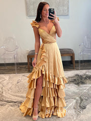 A-line Red Ruffled Crossed Top Hi-Low Layers Long Prom Dress lpk155|Selinadress