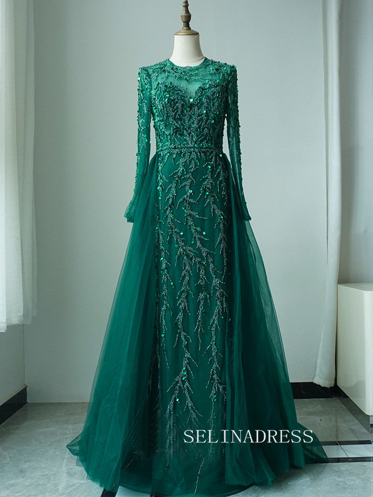 Luxurious Green Arabic Long Sleeves Beaded Long Formal Evening Dress W SELINADRESS Luxurious Green Arabic Long Sleeves Beaded Long Formal Evening Dress W SELINADRESS