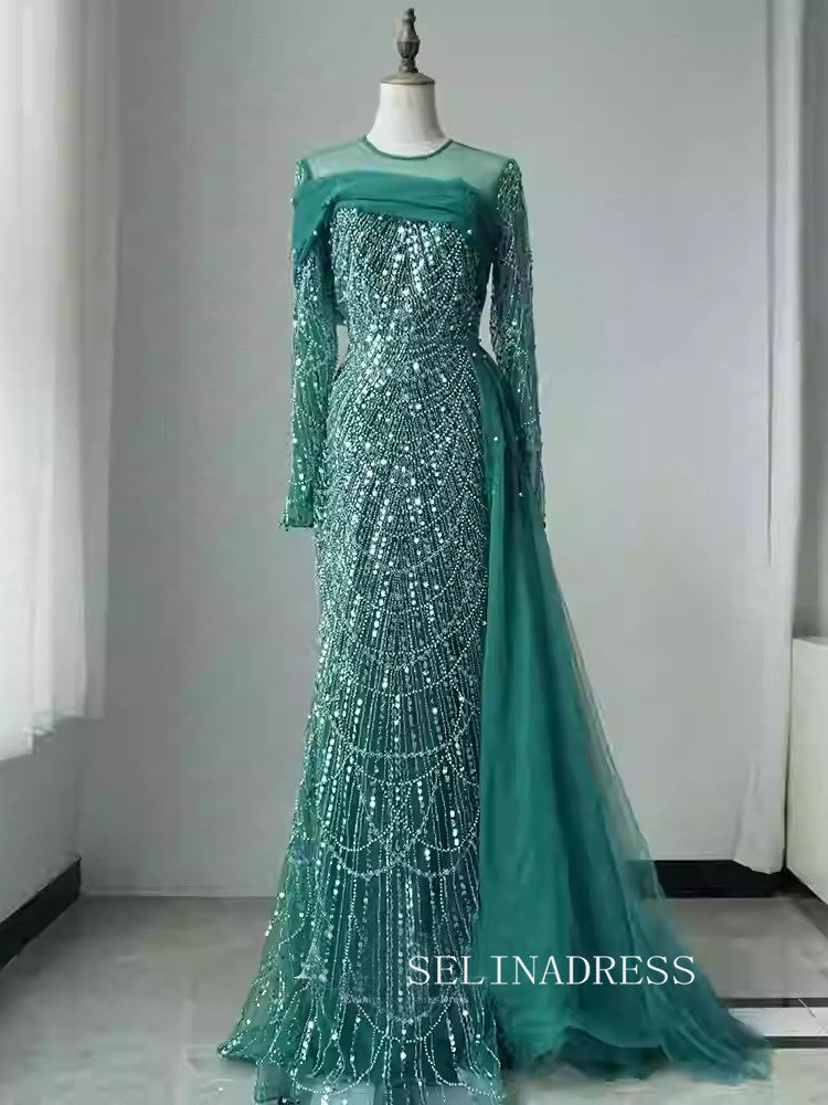 Luxurious Green Arabic Long Sleeves Beaded Long Formal Evening Dress W SELINADRESS Luxurious Green Arabic Long Sleeves Beaded Long Formal Evening Dress W SELINADRESS