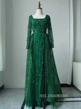 Luxurious Green Square Neck Arabic Long Sleeves Beaded Long Formal Evening Dress With Skirt ALI0015|Selinadress